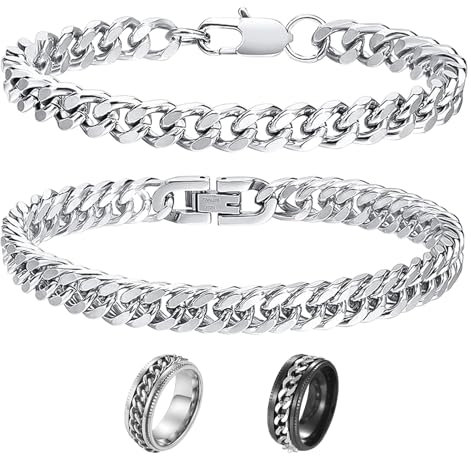 FCXQG 2 Pcs Pulsera de Eslabones Cubanos Para Hombre Pulsera Cadena Cubana Pulsera Hombre Acero Inoxidable Pulsera de Plata Hombre Esclava Plata Hombre Pulseras Hombre Esclava Hombre Con 2 Anillo