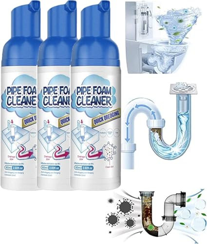 Herios Abflussschaum-Reiniger, flüssiger Haarabflussreiniger und -reiniger, Rohrdredge-Deo-Schaumreiniger, schnell schäumender WC-Reiniger für Küchenspüle, Toiletten, Waschbecken und Badewannen (3
