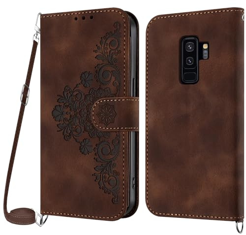 NETANY Handykette Hülle für Samsung Galaxy S9 Plus, Handyhülle für Samsung S9 Plus Hülle mit Kette Klappbar, PU Leder Necklace Klapphülle und Umhängeband Lanyard Flip Schutzhülle mit Band (Braun)