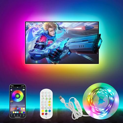 Auplf LED TV Hintergrundbeleuchtung RGBIC Led Strip 5M für 40-75 Zoll TV und PC, USB-Betrieb, Musik Sync, DIY Led Fernseher Beleuchtung mit App-Steuerung und 2.4G RF-Fernbedienung