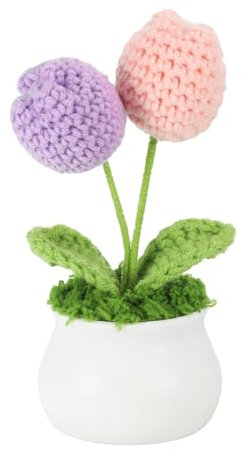 PATIKIL Gehäkelte Blumen im Topf, handgefertigte gestrickte Mini-Topfpflanzen aus Tulpenblumen, künstliche Blumen aus Strick für Valentinstagsgeschenke, pink-lila