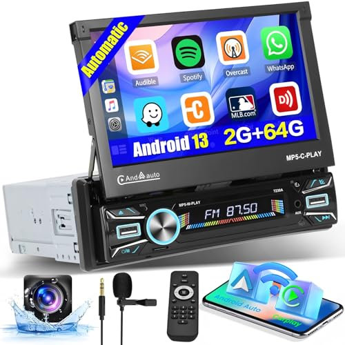 Hikity 2G 64G Radio Coche 1 DIN con Pantalla Retráctil Automática Android 13 Inalámbrico Carplay Android Auto 7'' GPS Radio Retráctil con WiFi Bluetooth Mirror Link FM AUX TF USB SWC Cámara Trasera