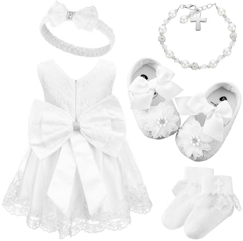 Bunnycool 5 Pcs Baby Girl Baptism Outfit Includes Lace Christening Dresses Bowknot Headwear Cross Charm Bracelet Socks Shoes(0-6 Month)