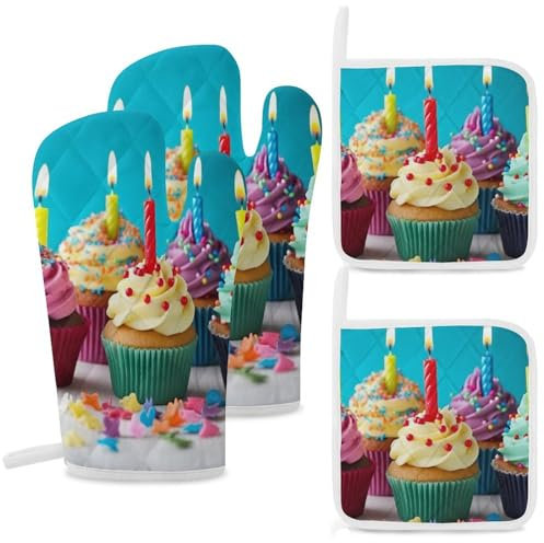 Ofenhandschuhe und Topflappen, hitzebeständig, für Küche, Ofenhandschuhe, extra lang, bunt, Happy Birthday, Cupcakes, rutschfest, weiche Kochhandschuhe für Grill, Backen, Mikro, 4 Stück
