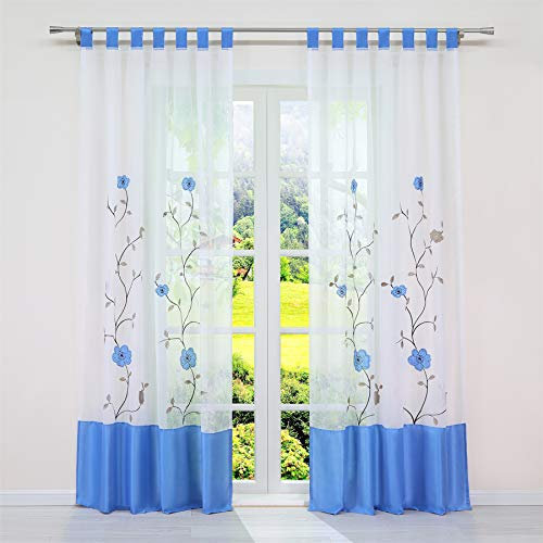 SCHOAL Transparente Gardinen mit Schlaufen Vorhang Voile Schlaufenschal Bestickt Wohnzimmer Blumen Muster BxH 140x145cm 1 Stück Blau