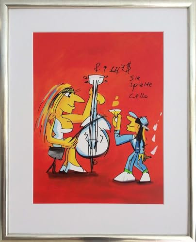 Kunstverlag Christoph Falk Sie spielte Cello (Passepartout) - Udo Lindenberg Bild - handsignierte Auflage original Grafik im silberfarbenem Rahmen hinter Museumsglas. Likörell. Siebdruck.
