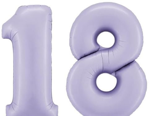 Pallone Compleanno 18 anni - colore 100cm - PALLONCINO numero 18 - NUMERALE in MYLAR foil - con Valvola Auto bloccante - gonfiabile ad ario o ad ELIO per volare - GIGANTE maxi GRANDE (Lilla)