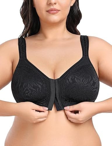 WingsLove Front Fastening Bras for Women Minimizer Wireless Non Padded Full Coverage Back Support Plus Size Bras (Black,40D)