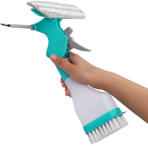 4-in-1 Window Cleaner, Spray Window Squeegee with Spray Bottle & Squeegee & Fabric Washer Head & Brush for Home Car Glass Cleaning