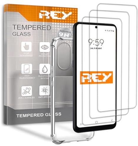 REY 3X Protector de Pantalla y Funda Anti-Shock para Motorola Moto G82 5G, Cristal Vidrio Templado y Silicona TPU de Alta Resistencia