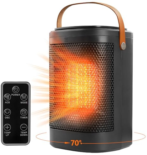 paryou 1500W PTC Electric Heater Small Portable Space Heater for Indoor Use - with 70°Rotating Feature, Rapid and Safe Heating, 1-12 Hr Timer for Bedroom, Offic with Remote Control