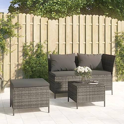 KATERYY 3-TLG. Garten-Lounge-Set mit Kissen Grau Poly Rattan,Modernes Ecksofa aus Polyrattan mit Stauraum für den Garten