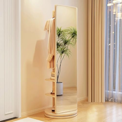 Drehbarer Ganzkörperspiegel, 360° drehbarer Holzspiegel in voller Länge mit Garderobe, 2-in-1-Bodenspiegel und Garderobenständer, Wohnzimmer, Schlafzimmer, Garderobenspiegel