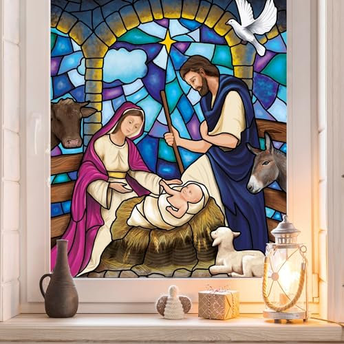 Fensterbild Winter Kirche Krippenbild Maria und Josef wiederverwendbare Fensteraufkleber Mosaik Weihnachten, Bogen 60 x 90 cm