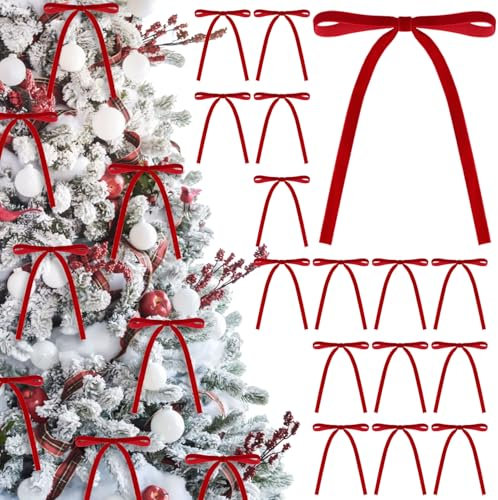 24 Pcs Velvet Christmas Bows, 5 x 7 Inch Christmas Wreath Bow Rustic Vintage Gift Velvet Bow Xmas Tree Ribbon Bow-Knot Ornament for Xmas Tree Wreath Garland Home Decorations (Red)