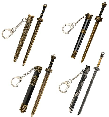Lot de 4 mini porte-clés Katana chinois antique en métal avec mini épée extractible en forme d'épée, doré, UNIFORM Taille