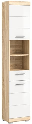Newroom Hochschrank Weiß Hochglanz Sonoma Eiche hell Badezimmerschrank Modern Zeitlos - 191x37x31 cm (BxHxT) - Schrank Mehrzweckschrank - [Libra.Three] Bad Badezimmer WC