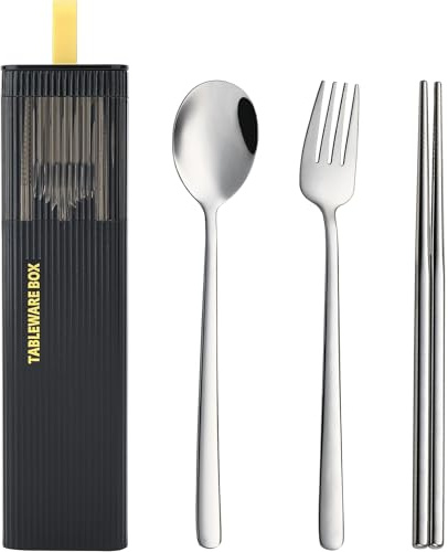 DEVICO Ustensiles de voyage avec étui, en acier inoxydable 18/8 réutilisable pour boîte à déjeuner, ensemble de couverts portables, ensemble fourchette et cuillère pour camping, déjeuner, pique-nique