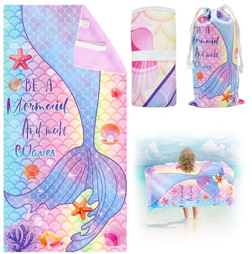 Cyiecw 75x150 cm Meerjungfrau Strandtuch für Mädchen, Schnell Trocknend Strandhandtuch mit Tasche, Mikrofaser Badetuch Ultra Saugfähig für Strand Reise Schwimmen (2)