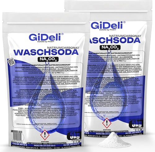 GiDeli Waschsoda 2 x 5 kg Pulver - Reines Natriumcarbonat, Wasserenthärter | Phosphat- und duftstofffrei, für Wäsche, Küche, Bad und Abfluss, löst Fett, bindet Kalk, E 500(i)
