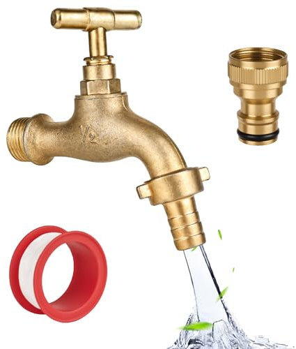 Robinet de jardin 1/2 en laiton résistant à la rouille et au gel, avec 1 raccords de tuyau gratuits, 1 ruban d'étanchéité à rouleau, robinet d'arrêt anti-goutte, robinet extérieur en laiton pour
