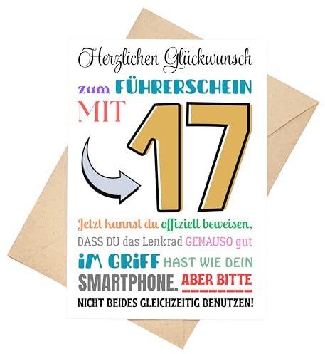 Palanemo Glückwunschkarte Führerschein mit 17 bestanden Geschenk Mädchen Jungen Lustig