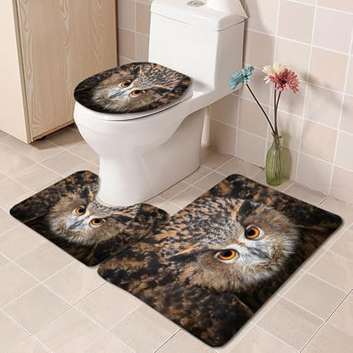 Bad Teppiche Set Eule Orange Braun Badezimmerteppich Waschbar WC Vorleger mit Ausschnitt und WC Deckelbezug 3 Teilig Badematte rutschfest Toilettensitzbezug Badgarnitur 50x80 cm