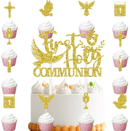 Kommunion Tortendeko,Doyomtoy God Bless Kuchen Deko Baby Shower Geburtstag Deko Cake Topper für Kinder Kommunion Party Deko 13 Stück