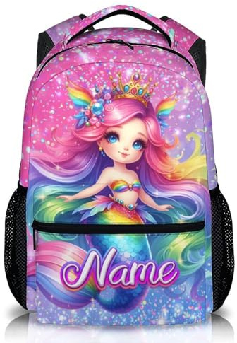 GiftRomance Personalisierter Mädchen Rucksack mit Name – 17 Zoll Kinder Schulrucksack mit Meerjungfrau Motiv – Leichter Kinderrucksack mit Glitzer-Design für Schule, Kita & Reisen
