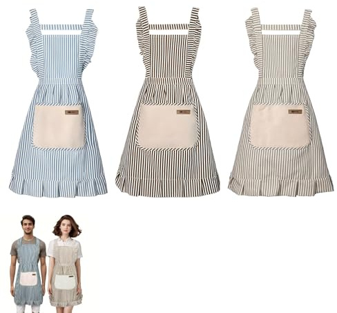 CHICHI:OÜ 3er Set Schürze Küchenschürze Damen, Kittelschürze Damen mit Spitzen Tasche, Ölbeständig Schmutzabweisend, Maschinenwaschbar, Kochschürze aus Baumwolle Leinen für Kochen Backen Grillen