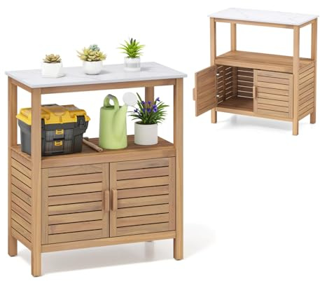KOMFOTTEU Schrank für den Außenbereich, aus Massivholz, Aufbewahrungsmöbel mit Plattform, Pflanztisch für den Garten mit Tür, 80 x 40 x 90,5 cm, für Balkon, Eingang, Veranda, Hof