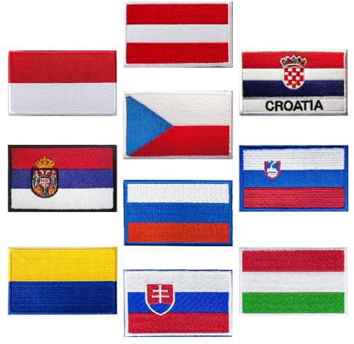 10 Stück HOOK LOOP Stickerei patch,Indonesien Österreich Ukraine Russland Slowakei Ungarn Flagge Patches Kompatibel mit Klett für Jeans Jacken Baseballkappe Uniform Weste Rucksäcke Kleidung