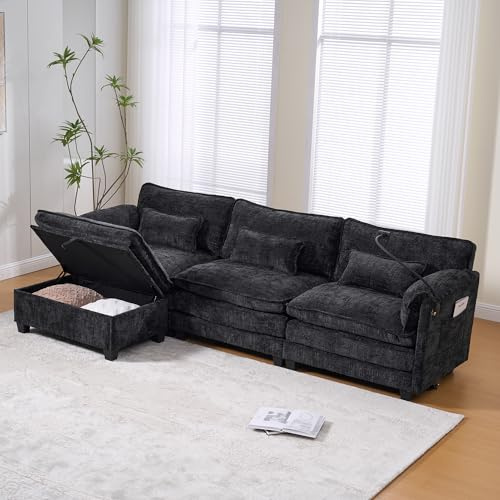 A ALFRESCOOL Eckcouch mit Schlaffunktion, l Sofa mit Schlaffunktion, Cordstoff Sofa mit USB-Anschluss, Seitentasche, Handyhalter und Modularen Hockern, für Wohnzimmer, Schwarz 279x83x85 cm