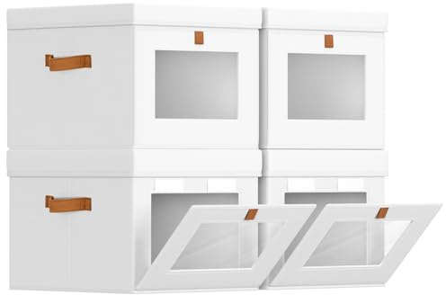 Homsorout Fabric Storage Boxes with Lids - 4 Pack Wardrobe Organiser Baskets with Handles, Foldable Side Opening Containers Decroative for Narrow Space, Bedroom, Shelves, Underbed, White