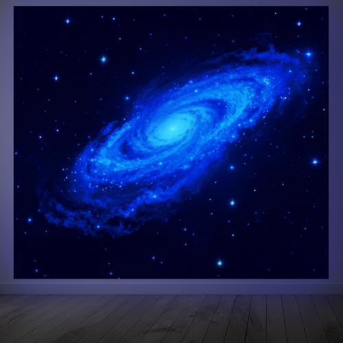 CRAFTYMELODY Wandteppich Mit Blauer Spiralgalaxie Schwarzlicht Leuchtmotiv Sternenhimmel UV Reaktiv Kosmischer Wandbehang 5951 x (5) cm Mit Haken