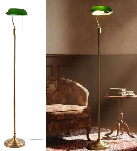 BARCELONA LED Vintage Banker Stehlampe BANQUERO – Grüner Glas-Schirm, Kettenzugschalter, Antikmessing, Verstellbarer Arm, Klassische Leseleuchte für Büro & Wohnzimmer – E27
