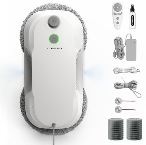 Tosima W5 Pro 6400 Pa Robot Lavavetri, Doppia Spruzzatura ad Ultrasuoni, Pulitore Automatico per Vetri, Telecomando, 20 Panni in Microfibra(Blanco)