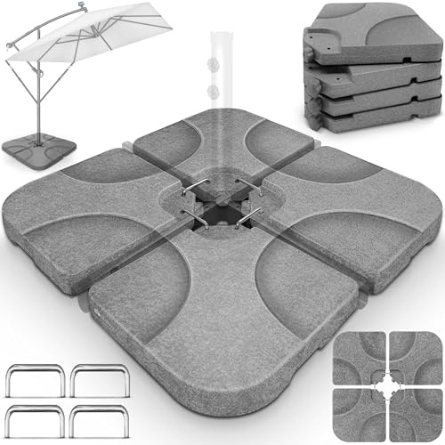 tillvex® Lestage & Dalles Carrées pour Parasol Déporté – Pied de Parasol 60 Litres / 80 kg, 4 Pièces avec Connecteur Métallique | Base Remplissable avec Eau ou Sable | Support de Parasol (Gris granit)