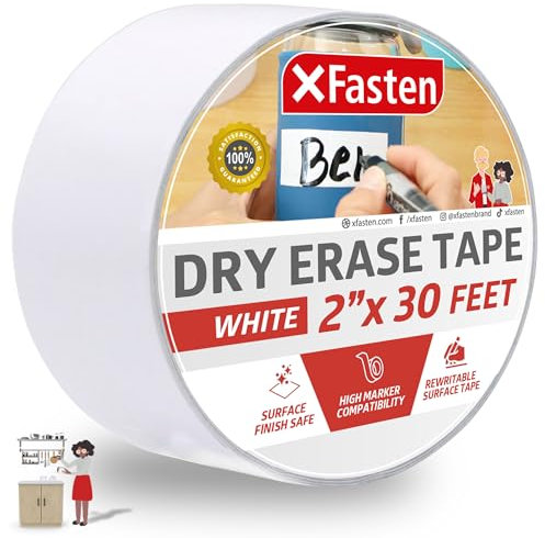 XFasten Whiteboard-Klebeband, trocken abwischbar, 5,1 cm x 9,1 m, weiß, schmierfrei und reibt nicht unnötig ab, weißes Marker-Band