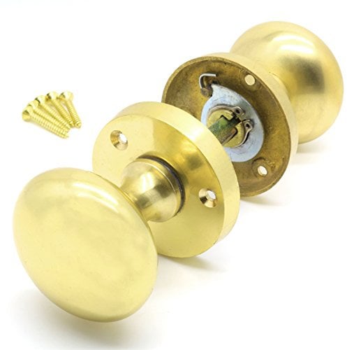 Solid Brass Mortice Door Knobs + Fittings - Pair of 50mm Round Handles