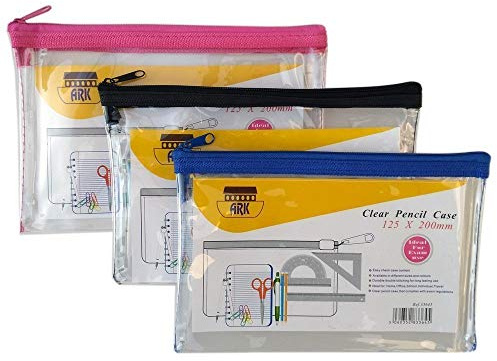 ARK Pencil Case PVC Coloured Zip 200x125mm Clear Assorted Blue/Pink/Black (Pack of 12), (35960)
