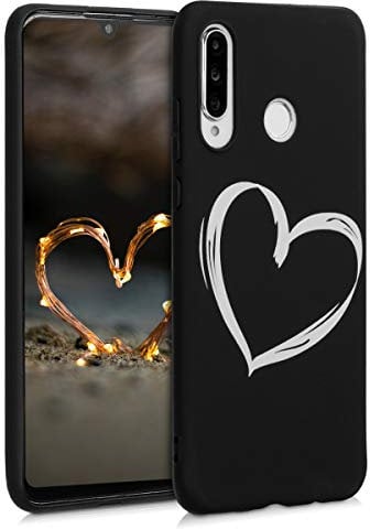 kwmobile Carcasa Compatible con Huawei P30 Lite - Funda móvil TPU - Dibujo de corazón Blanco/Negro