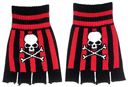 MB-Müller Gestreifte Handschuhe Schwarz Rot mit Jolly Roger Skull