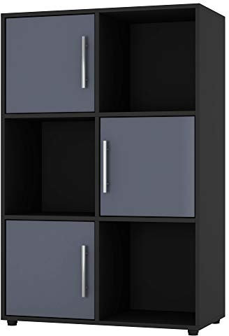 URBNLIVING Bibliothèque cubique noire avec porte en bois et poignée en métal - Étagère de rangement (porte grise, cube de 2 x 3 (6 cubes)