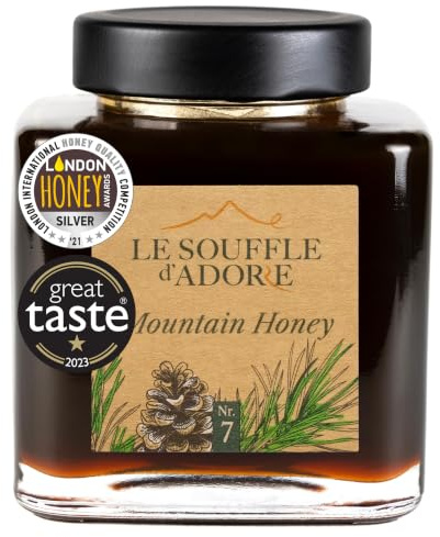 Bergblütenhonig aus Spanien – 100% natürlicher Premiumhonig ohne Zucker & Zusatzstoffe, intensiv im Geschmack mit Aroma von Wildblumen & Kräutern, im eleganten 500 g Glas | Le Souffle d’Adore