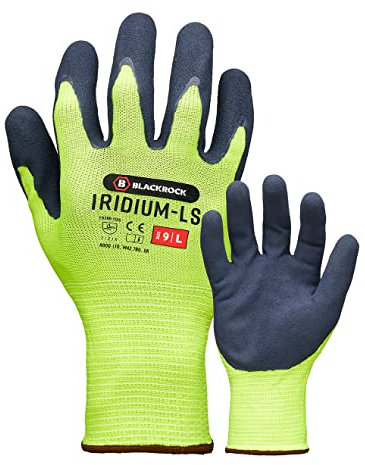 Blackrock Iridium-LS Yellow Safety Work Gloves Mens Womens, Sandy Latex Coating Maximum Dry & Wet Grip, Enhanced Visibility Neon Polyester Liner, Ideal For Highway, Construction, Gardening - Medium