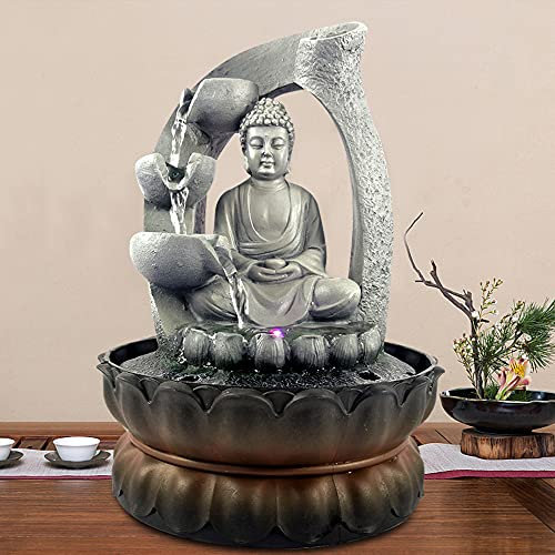 Brunnen aus Polyresin, Zimmerbrunnen Buddha Brunnen Wasserspiel Harz mit LED-Beleuchtung 28cm Dekoration für den Innenbereich Beleuchtung Brunnen