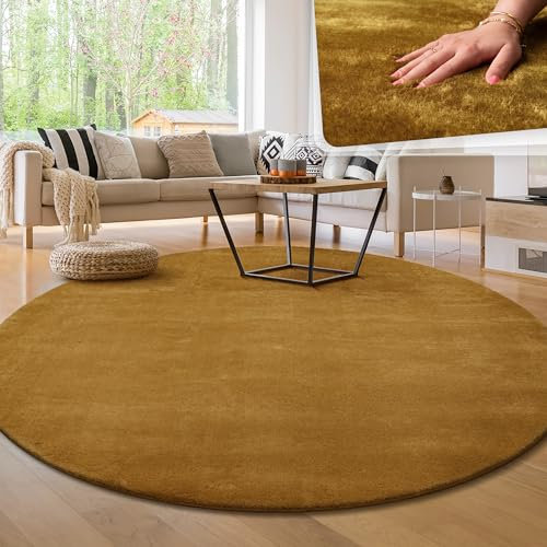 Paco Home Moderner Kuscheliger Wohnzimmer Teppich Kurzflor waschbar flauschig Weich Einfarbig Felloptik zeitlos stilvoll rutschfest pflegeleicht, Grösse:120 cm Rund, Farbe:Gelb