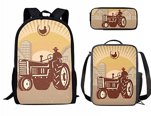 Kuiaobaty Jungen Schulrucksack Set, Panda Wolf Traktor Büchertasche Federmäppchen Mittagessen Tasche Tragbar Reise Camping Wandern Tagesrucksack, Traktor, Schulranzen-Set