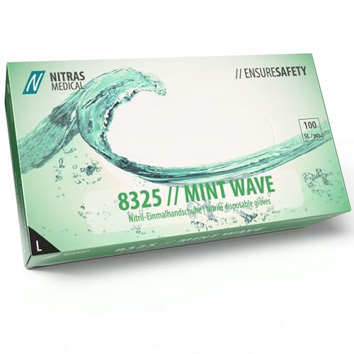 Nitras 8325 MINT WAVE puderfreie, latefreie, unsterile, medizinische, lebensmittelgeeignete Nitril-Einmalhandschuhe Farbe grün, 100 Stück im Spenderkarton (L)